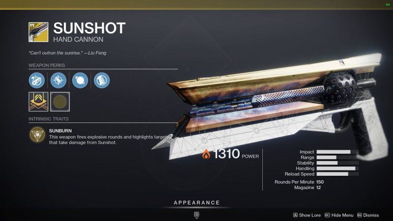 Destiny 2 exotic hand cannon Sunshot (Image source Destiny 2 The game)