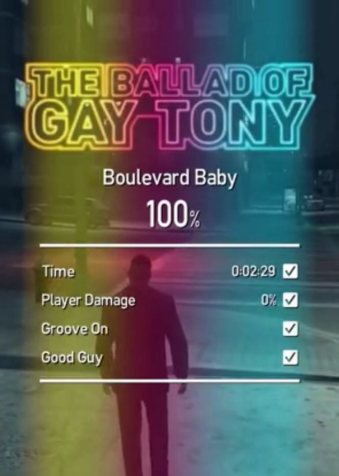 An example of a Mission Passed screen in The Ballad of Gay Tony (Image via GTA Wiki)