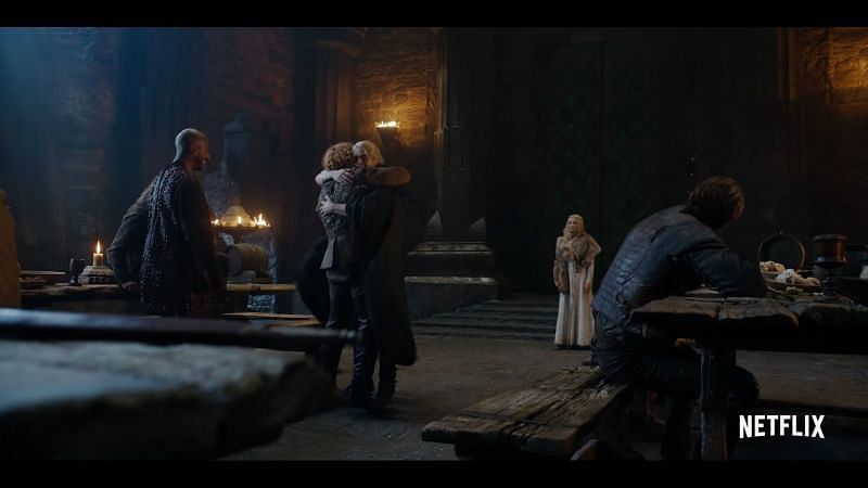 Geralt and Ciri meeting Lambert, Eskel, and Coen, in the teaser. (Image via: Netflix)