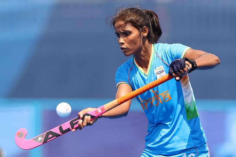 Vandana Katariya of Team India controls the ball during the Women&#039;s Preliminary Pool A match between India and South Africa at Tokyo 2020 Olympic Games