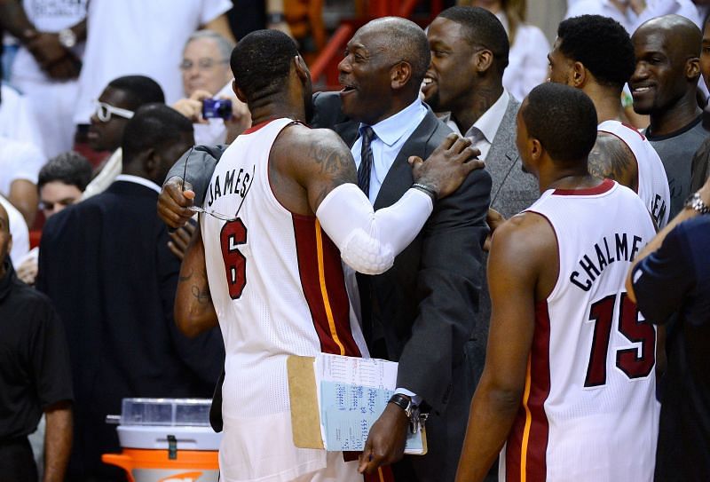 Miami Heat assistant coach Bob McAdoo, from left, forward LeBron