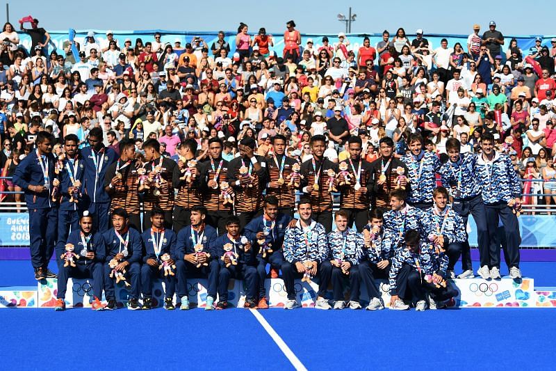 Team India at the prize distribution ceremony at the 2018 Youth Olympics, Buenos Aires.