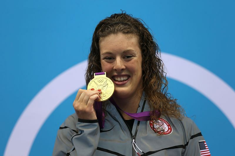 Gold medallist Allison Schmitt of the United States poses on the podium during the medal ceremony for the Women&#039;s 200m Freestyle final on Day 4 of the London 2012 Olympic Games at the Aquatics Centre on July 31, 2012 in London