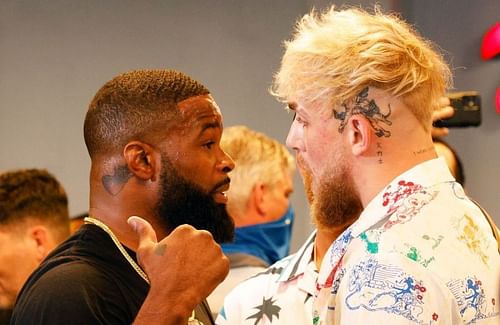 Tyron Woodley (left); Jake Paul (right)