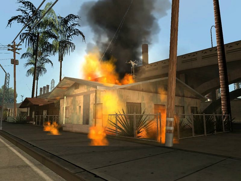 A random house in flames because of the riots (Image via GTA Wiki)