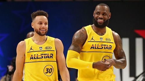 LeBron James and Stephen Curry at the 2021 NBA All-Star Game