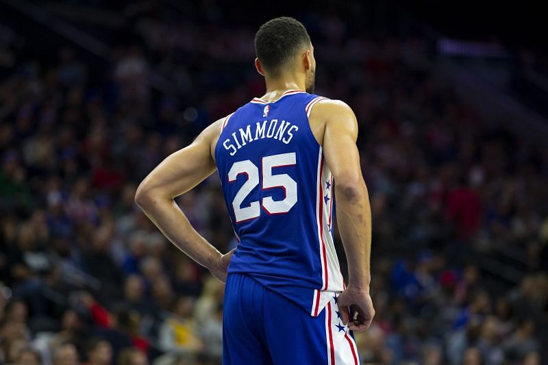 Ben Simmons #25 looks on against the Minnesota Timberwolves