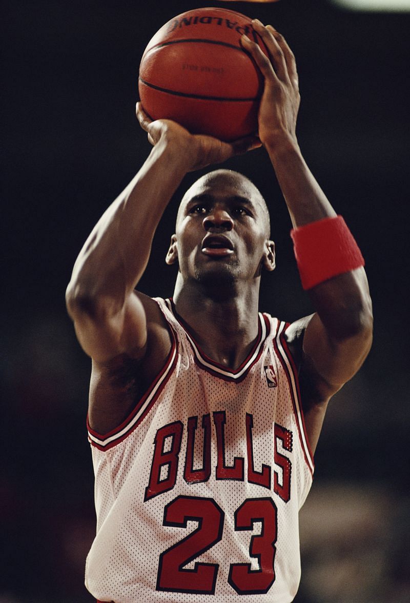 Michael Jordan #23, shooting guard for the Chicago Bulls in action