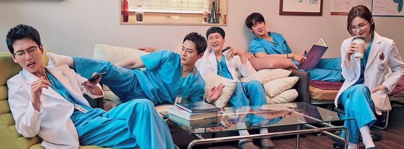 A still of Jun-wan, Ik-jun, Seok-hyeong, Jeong-won and Seong-hwa in Hospital Playlist season 2. (Screenshot/Netflix)