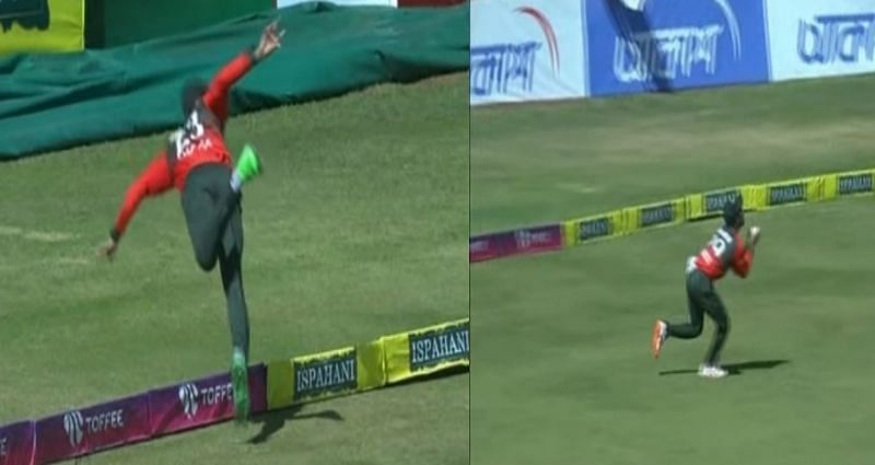 Bangladesh&rsquo;s Mohammad Naim (left) and Shamim Hossain combined to dismiss Zimbabwe&rsquo;s Regis Chakabva in the third T20I in Harare.