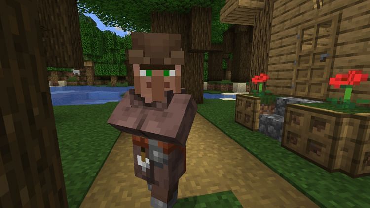 The fletcher villager looking suspiciously at the Minecraft player (Image via qtoptens)