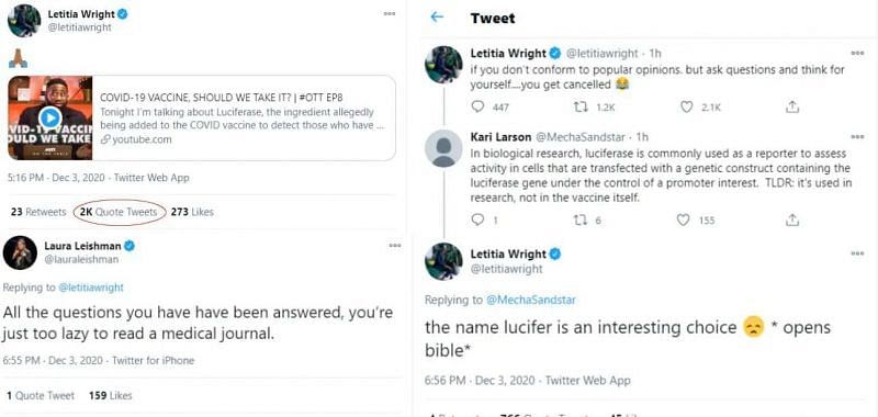 Letitia Wright Twitter &quot;Anti-vax&quot; Controversy. (Image via: Twitter)