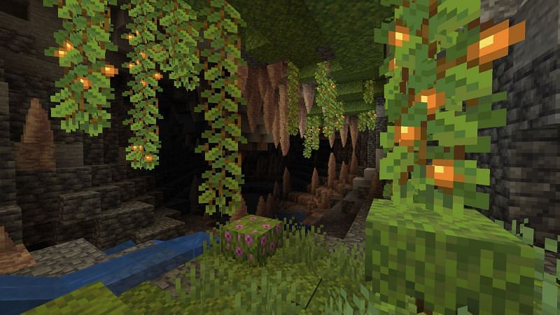 Lush caves biome next to dripstone caves (Image via Minecraft)