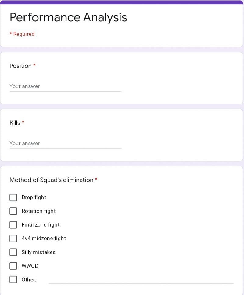 Example of the google form for performance analysis