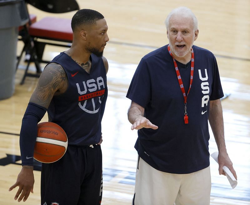 Damian Lillard #6 and head coach Gregg Popovich of the 2021 USA Basketball Men&#039;s National Team