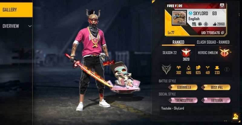 Skylord&#039;s Free Fire ID and stats (Image via Free Fire)