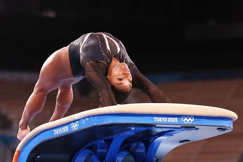 Simone Biles performs the Yurchenko double pike in vault at the Tokyo Olympics Podium Training (Photo by Jamie Squire/Getty Images)