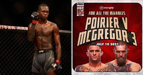 Israel Adesanya (left); McGregor vs. Poirier 3 BT Sport poster [Image Courtesy: @btsport on Instagram]