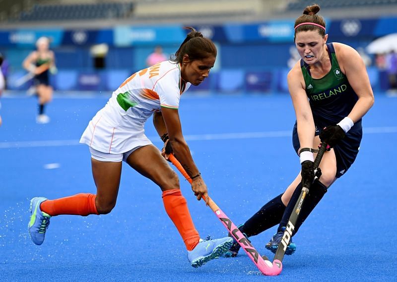 India&#039;s Vandana Katariya in action against Ireland.