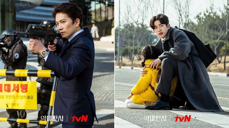 Stills of Ji Sung and Jinyoung in their new show The Devil&#039;s Judge episode 1 (Instagram/tvnDrama official)