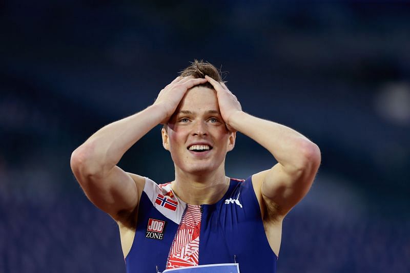 Norway&#039;s Karsten Warholm reacts after winning the race