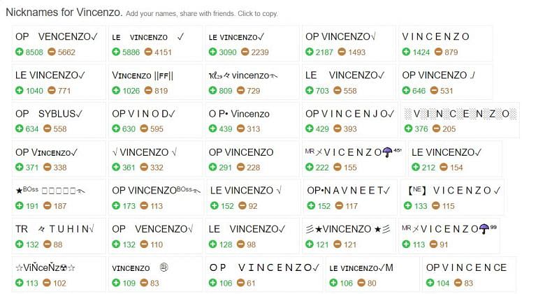 Free Fire stylish names for Vincenzo generated through nickfinder.com