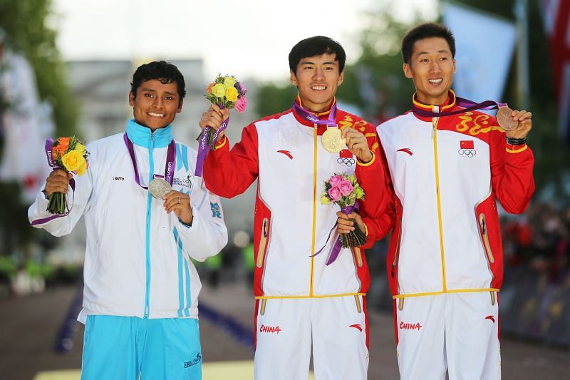 Erick Barrondo on left celebrates his sliver medal at London Olympics.