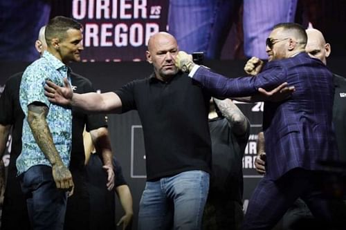 Dustin Poirier and Conor McGregor at UFC 264 press conference