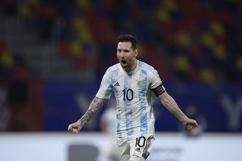 Lionel Messi celebrating a Copa America goal for Argentina