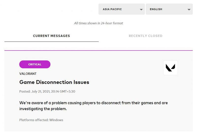 Notification about the server issues in Asia Pacific Region (Screengrab from Valorant service status page)