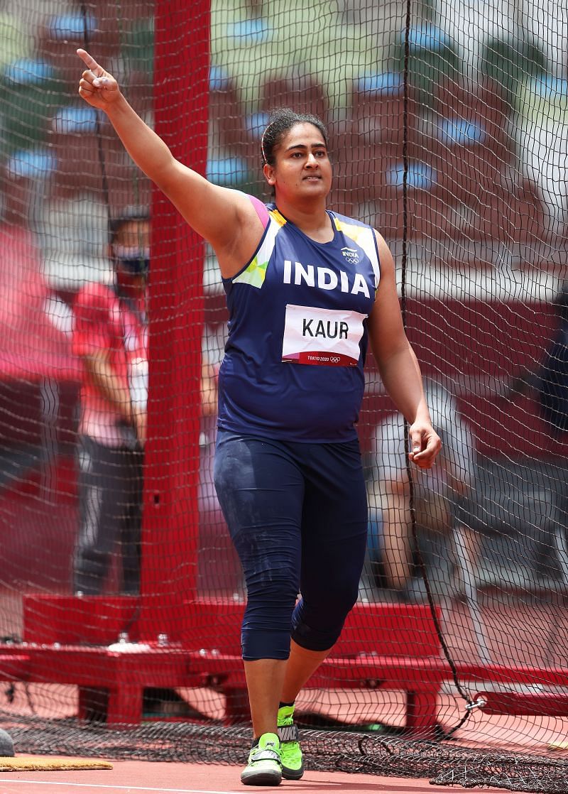 Kamalpreet Kaur of Team India reacts while competing in the Women&#039;s Discus Throw Qualification on Day 8 of Olympics 2021
