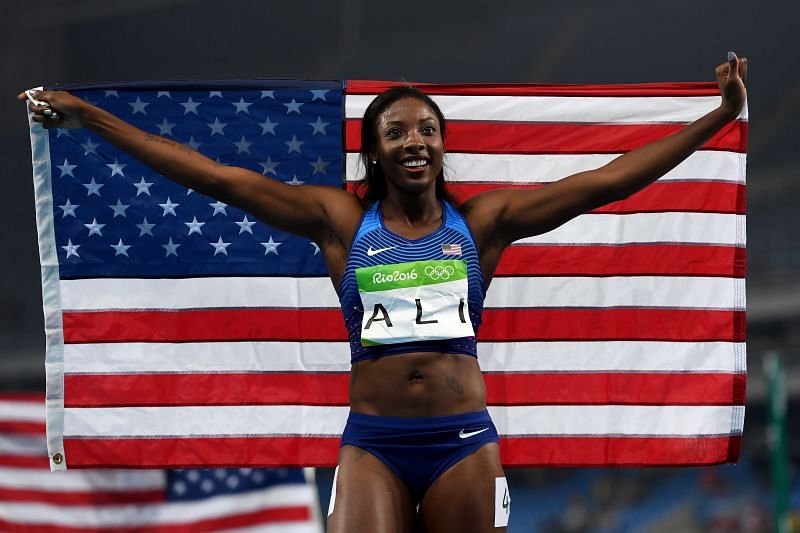 Nia Ali celebrates after winning silver medal at Rio Olympics 2016