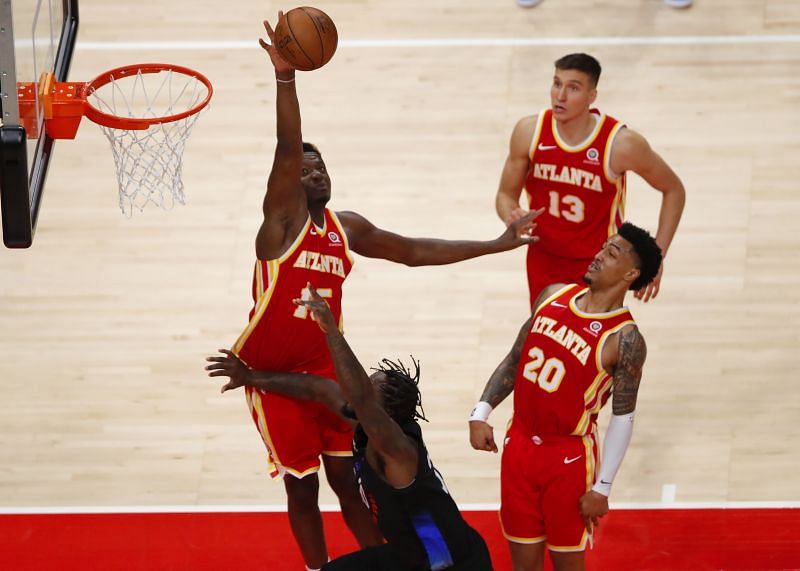 Clint Capela rises up to block a shot against the New York Knicks