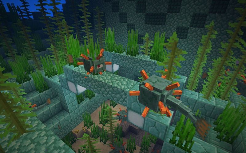 While guardians are hostile towards players, axolotls are only hostile towards other mobs (Image via Minecraft)