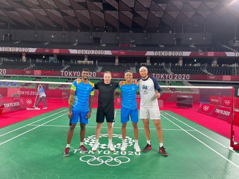 Satwiksairaj Rankireddy and Chirag Shetty with Russian players after a practice match on Thursday.