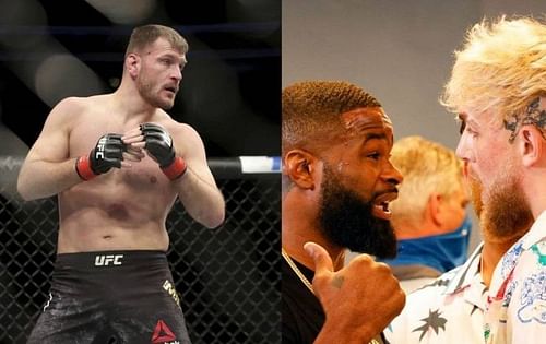 Stipe Miocic (left); Tyron Woodley (center); Jake Paul (right)