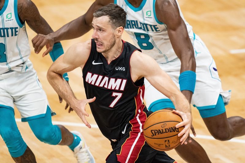 Goran Dragic #7 of the Miami Heat drives to the basket.