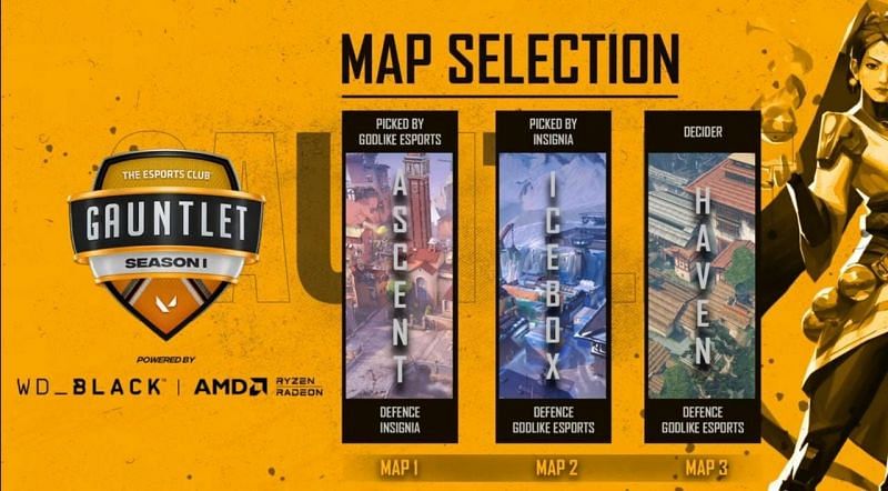 Team Insignia vs Godlike Esports Selected Maps (Image via YouTube/The Esports Club)