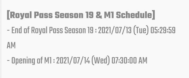End date of Season 19 RP and start of M1 RP