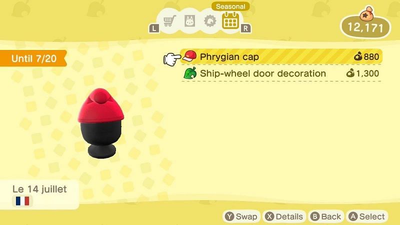 Phrygian cap in Nook Shop from Le 14 Juillet in Animal Crossing: New Horizons (Image via Twitter)