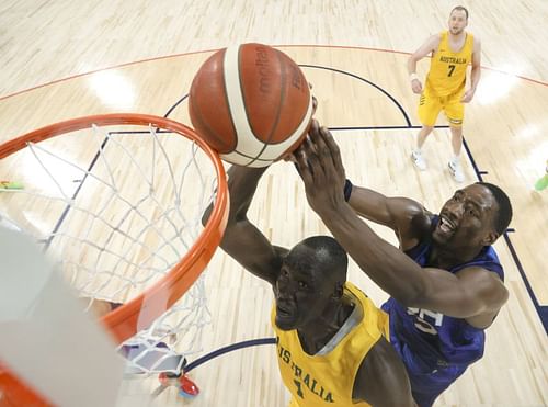 Bam Adebayo goes up for a block in Team USA's loss to Australia