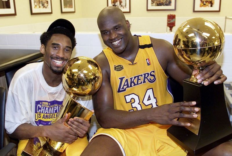 Shaquille O'Neal (right) with the LA Lakers in the 2000 NBA Finals with Kobe Bryant