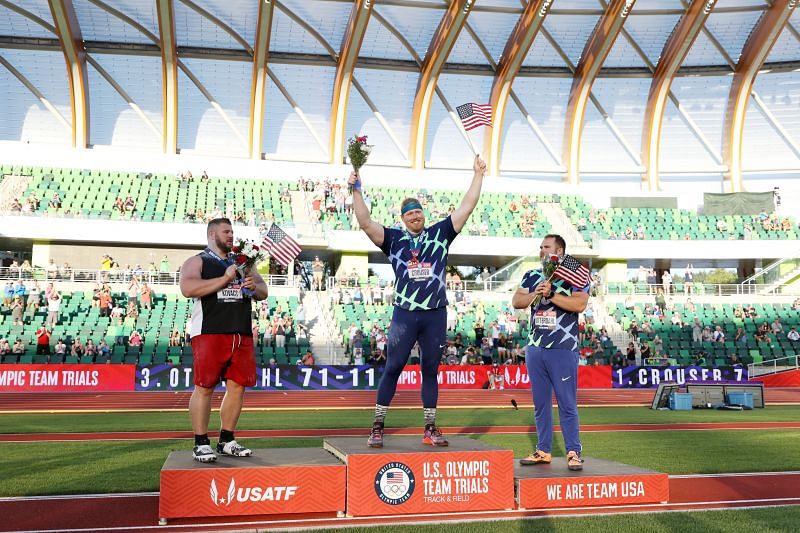 Ryan Crouser on podium at the US Olympic Track and Field Trials 2021 (Photo by Patrick Smith/Getty Images)