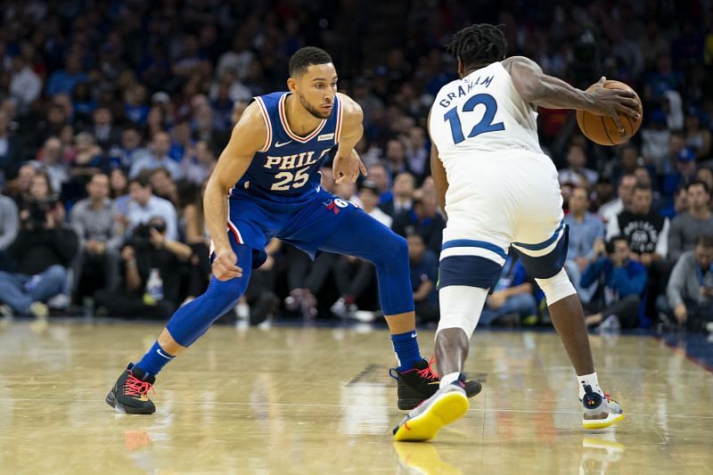 Ben Simmons of the Philadelphia 76ers in action against the Minnesota Timberwolves 