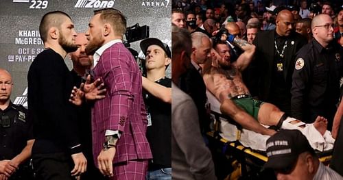 Khabib Nurmagomedov and Conor McGregor (left); McGregor leaves on a stretcher (right)