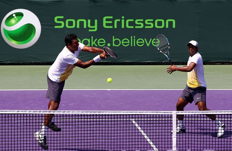 Mahesh Bhupathi and Leander Paes during the Sony Ericsson Open at Crandon Park Tennis Center in March 2011 in Key Biscayne, Florida
