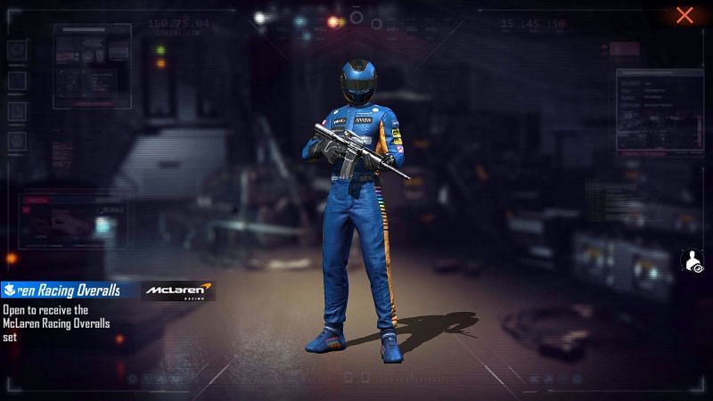 Players need to play 150 minutes to get the reward of McLaren Racing Overalls for free (Image via Free Fire)