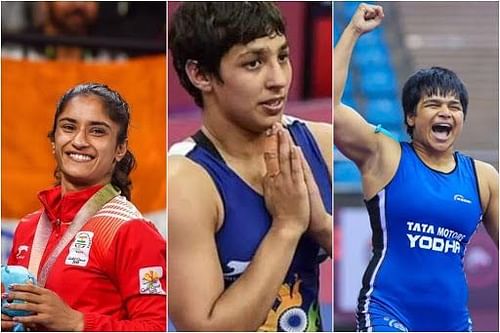 Vinesh Phogat (L), Anshu Malik (C) and Divya Kakran (Photo Credit: Khelo India, SAI Media and India_AllSports). Phogat and Malik are Tokyo Olympics-bound