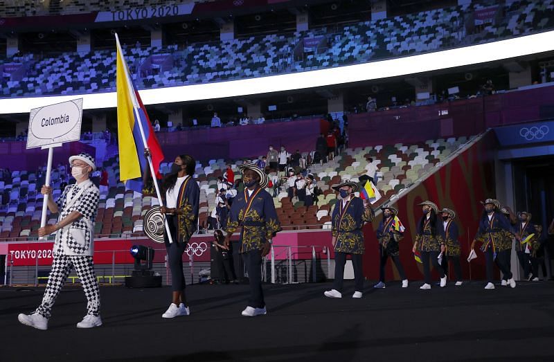 Flag bearers Caterine Ibarguen and Yuberjen Herney Martinez Rivas of Team Colombia during the Opening Ceremony of the Tokyo 2020 Olympic Games