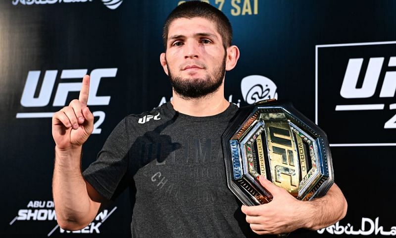 Khabib Nurmagomedov with his UFC lightweight title